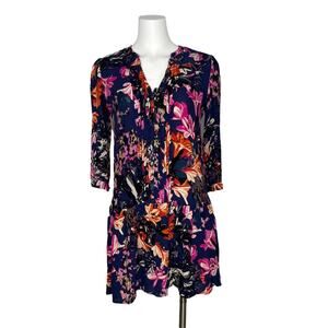Maeve Anthropologie Navy Floral Pintuck Dress XS